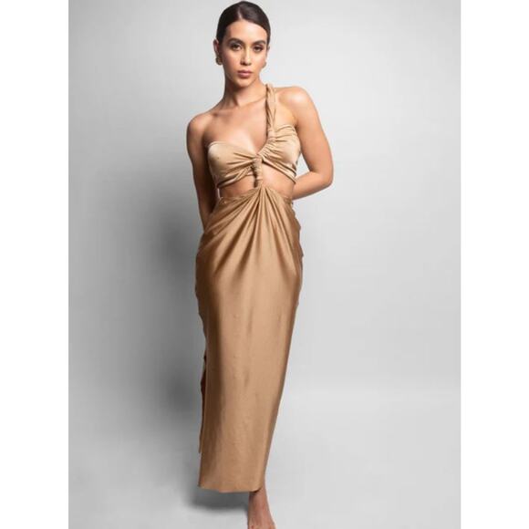 Katherin Aarhus Cintya Ruffled One Shoulder Maxi Dress Copper Gold Women's OS - Picture 2 of 8